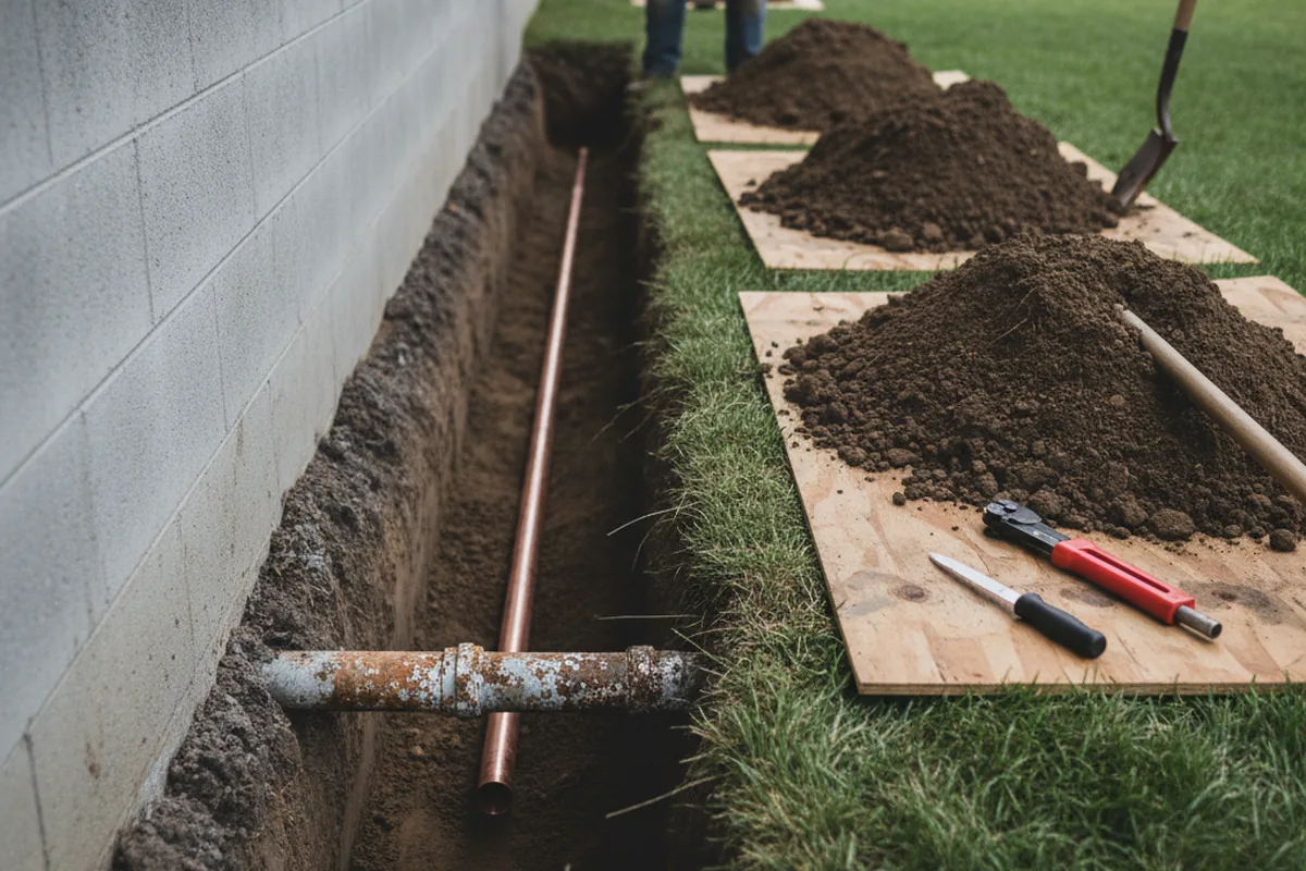 Excavated water line trench during Sewer Line Repair in Hillsdale